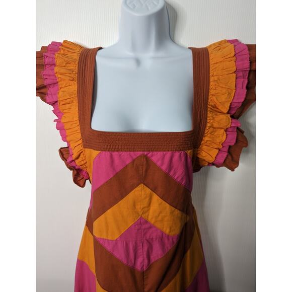 Love the Label Ruffle Strap Colorblock Midi Dress Cotton Pink Orange Medium - Picture 5 of 11